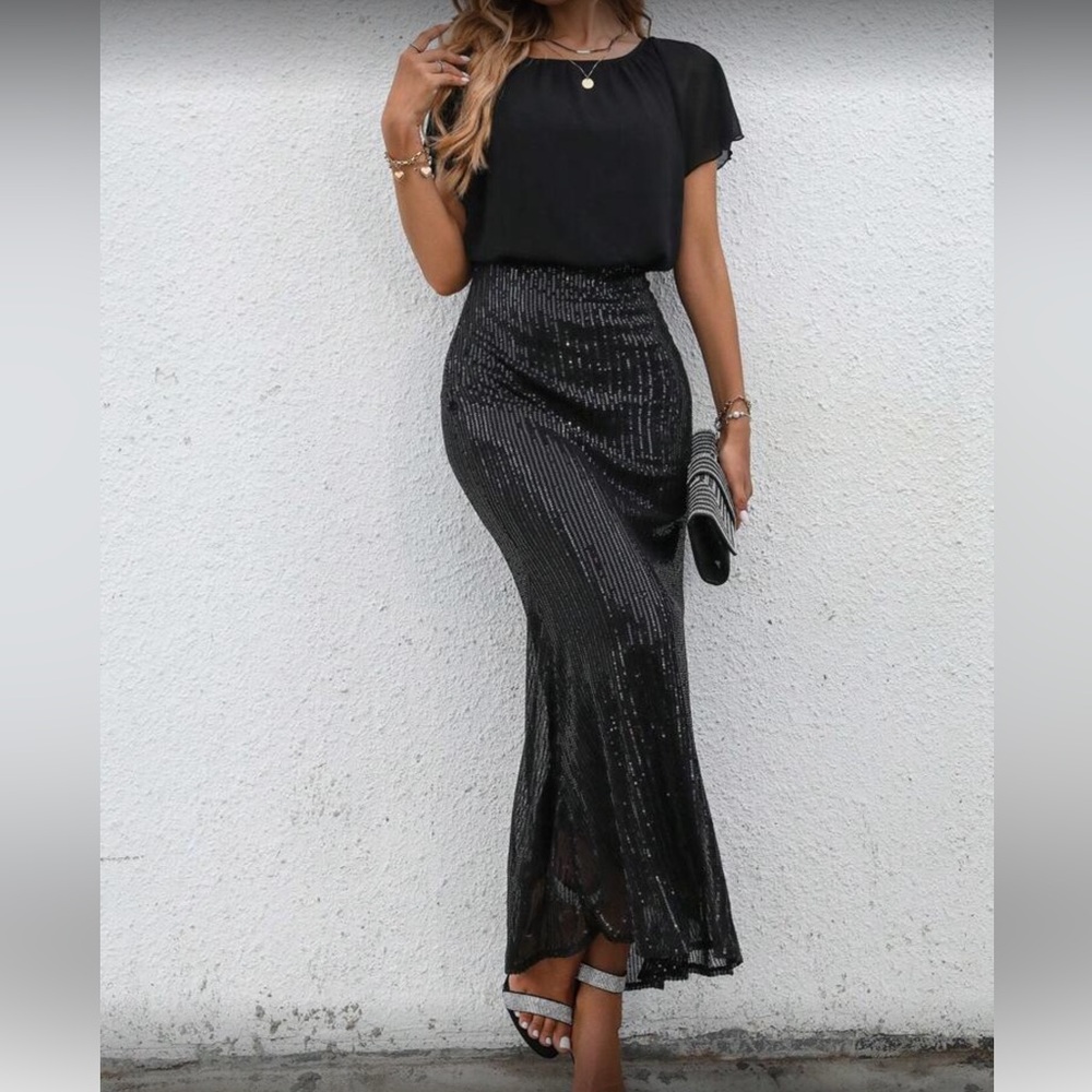 Luxe batwing sleeve mermaid hem prom party sequins dress